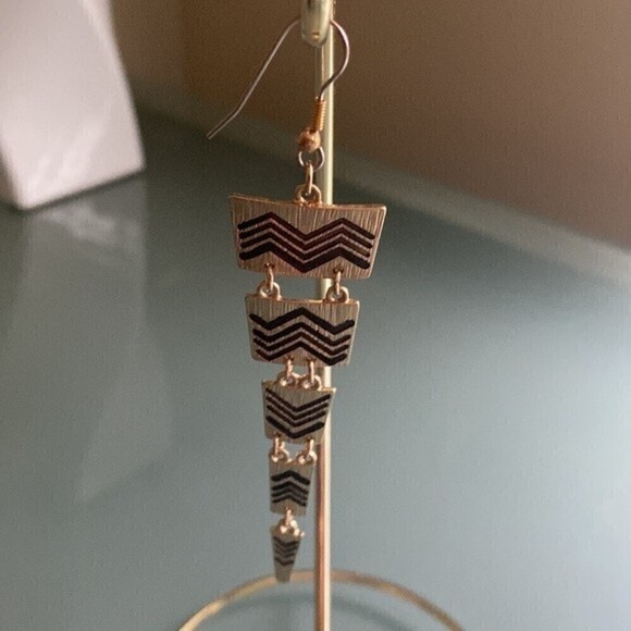 Gold and Black Aztec Drop Earrings - Picture 2 of 7